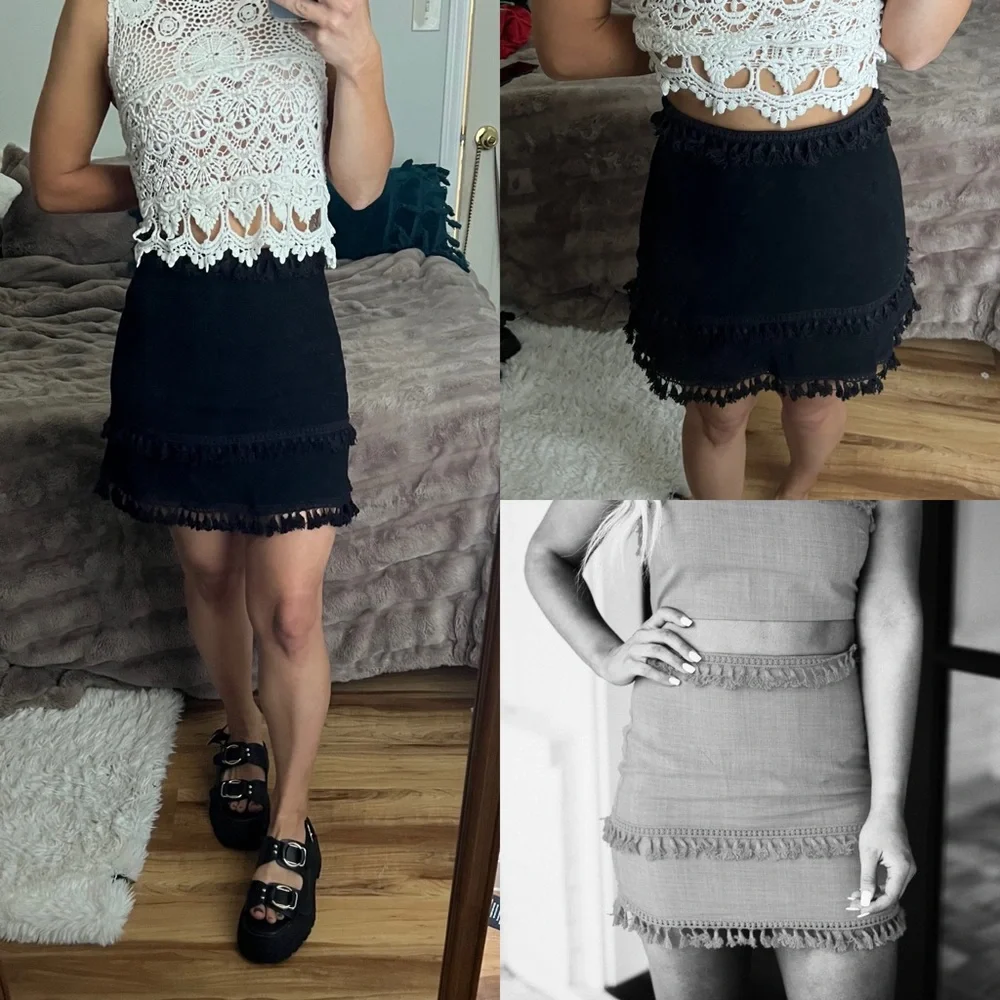 Showpo Black Tassel Skirt Fringe Mini Trim Skirt. Size 2
